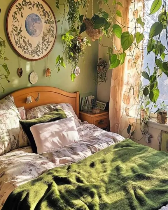 A sunlit, cozy bedroom with sage green walls, filled with hanging plants, and a bed with a soft green blanket.
