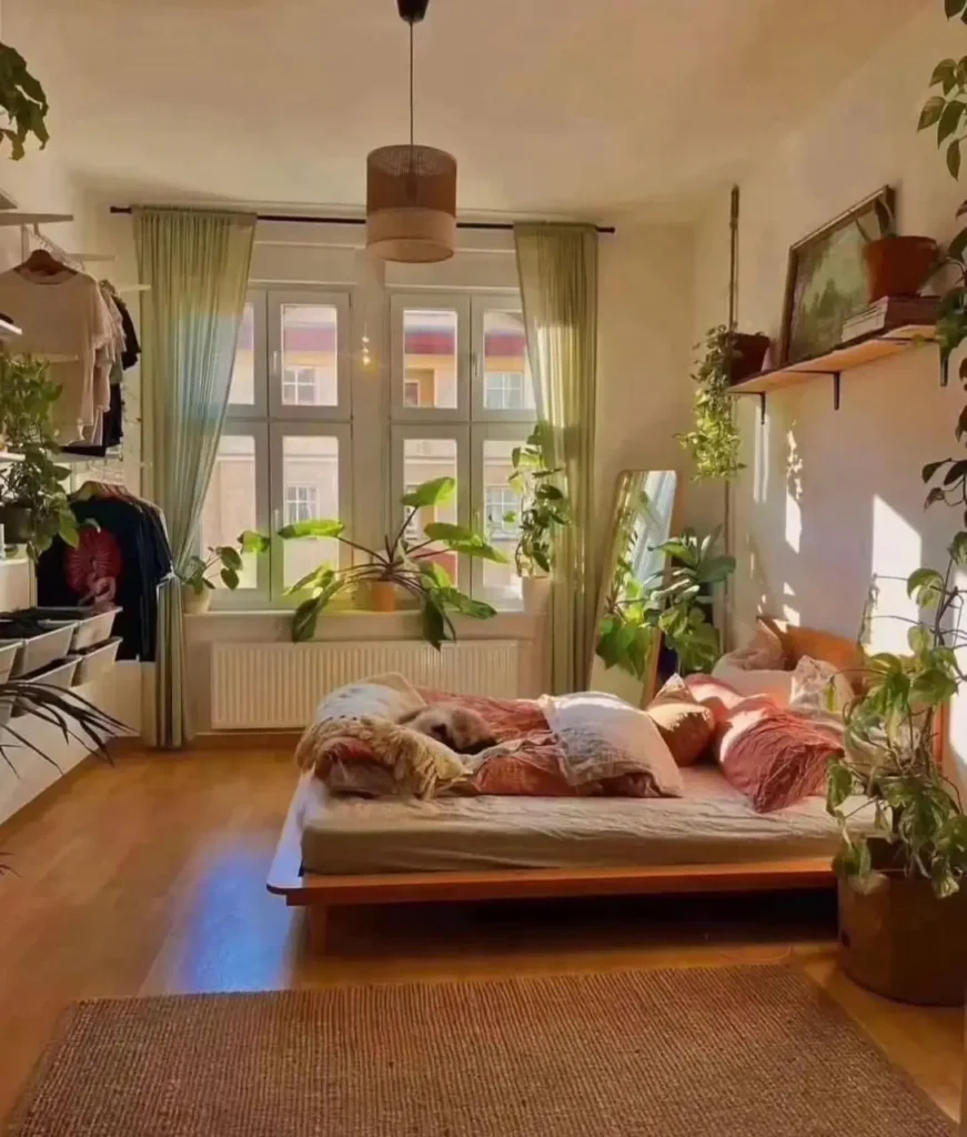 A sunlit bedroom with a low wooden bed, warm-toned bedding, and numerous plants, with golden light streaming in.