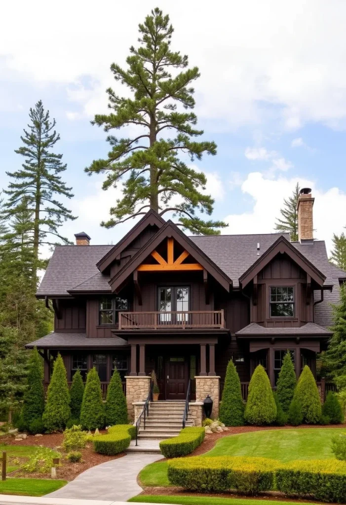 American Craftsman house with dark wood siding, balcony