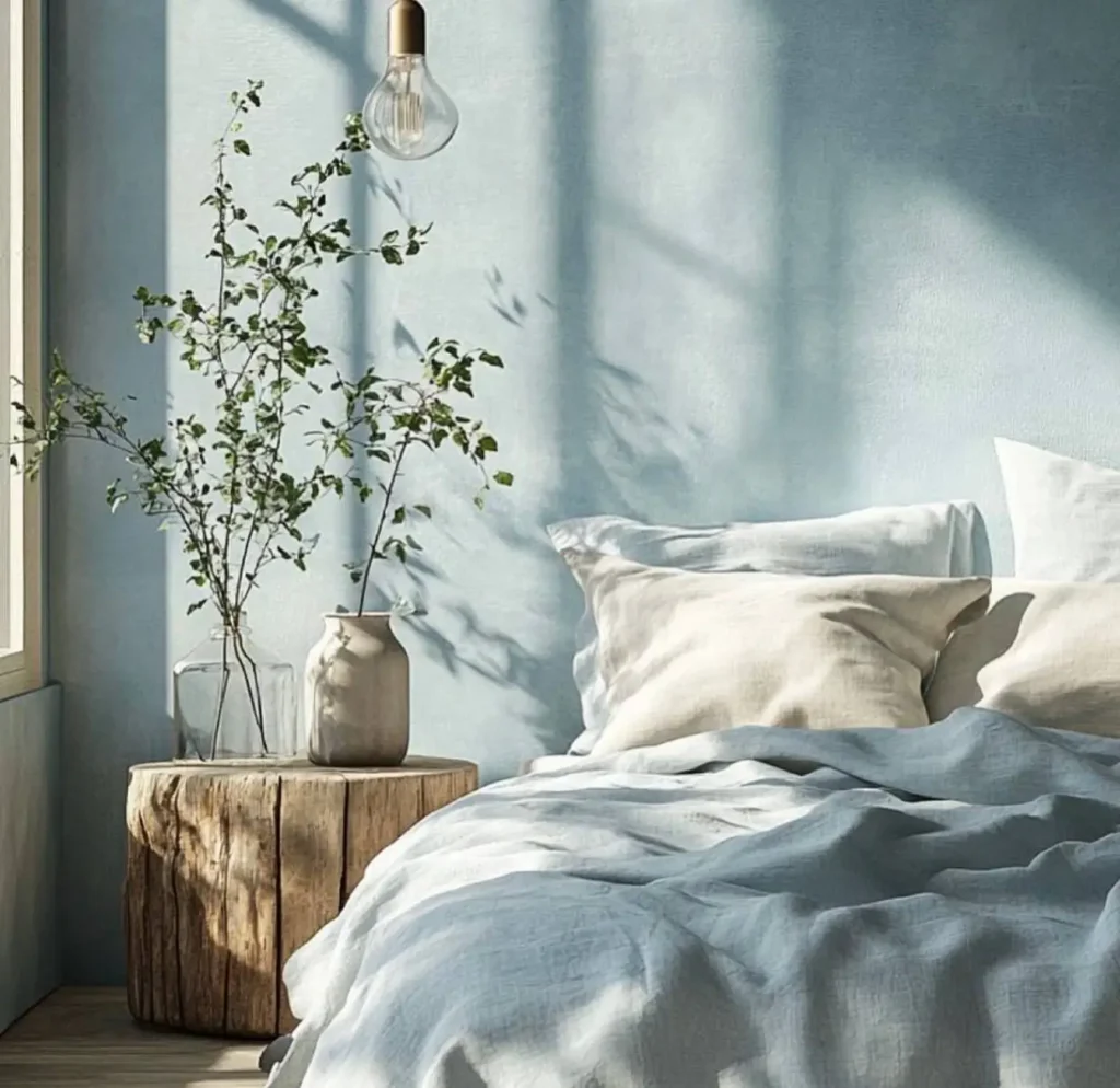 A sunlit bedroom corner with light blue walls, a bed with soft linens, and a rustic tree stump nightstand.