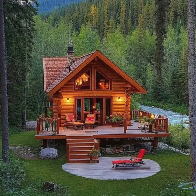 60 Charming Small Log Cabin Ideas to Inspire Your Rustic Retreat 45 A beautifully lit small log cabin with a wraparound deck and lower patio overlooking a river in a forest at dusk.