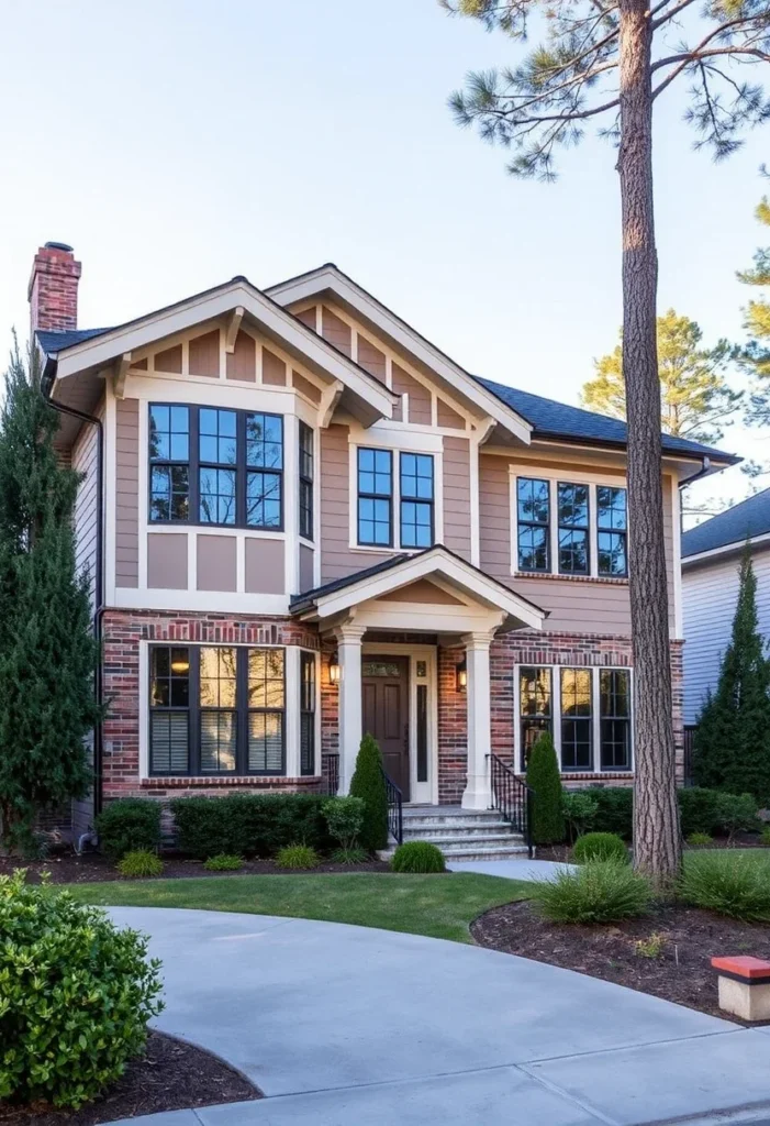 American Craftsman house with brick base, varied materials