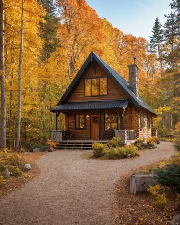 60 Charming Small Log Cabin Ideas to Inspire Your Rustic Retreat 48 A beautiful small log cabin with a black roof and stone porch columns, surrounded by vibrant yellow autumn trees.