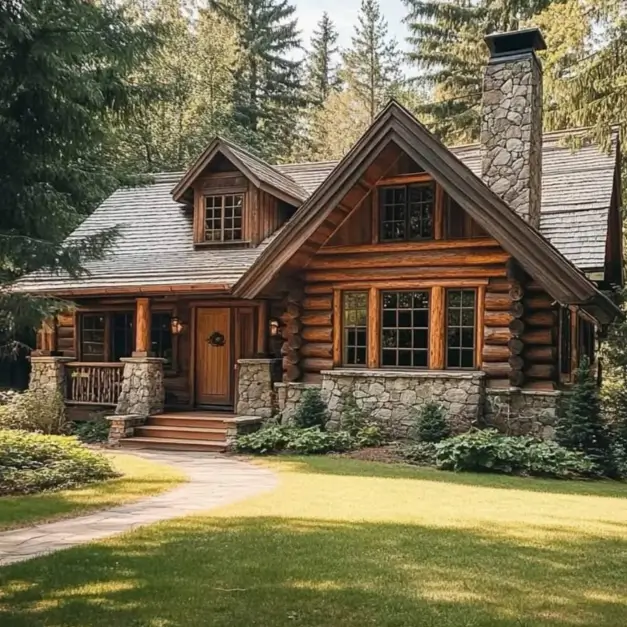 60 Charming Small Log Cabin Ideas to Inspire Your Rustic Retreat 49 A beautiful small log cabin with a complex roofline, stone foundation, and a large chimney, surrounded by trees.