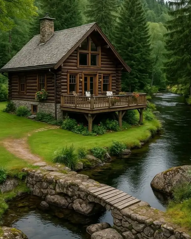 60 Charming Small Log Cabin Ideas to Inspire Your Rustic Retreat 50 A small log cabin with an elevated deck on a river, with a rustic stone and wood footbridge in the foreground.