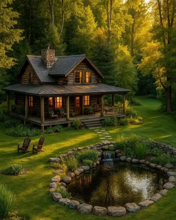 60 Charming Small Log Cabin Ideas to Inspire Your Rustic Retreat 51 A small log cabin with a wraparound porch overlooking a stone-lined pond at sunset.