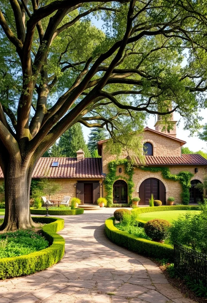 Elegant Italian countryside home with traditional Tuscan style, featuring a shaded garden path and arched doorways.