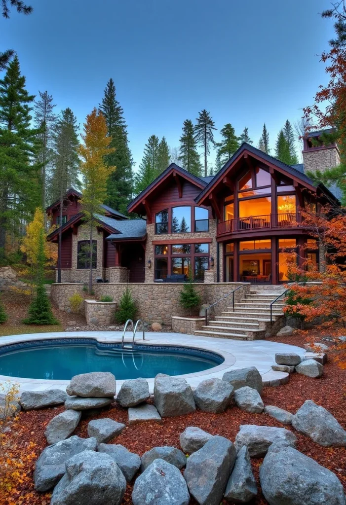 Rear exterior view of a luxury mountain home with a large pool, stone patio, and forested backdrop.