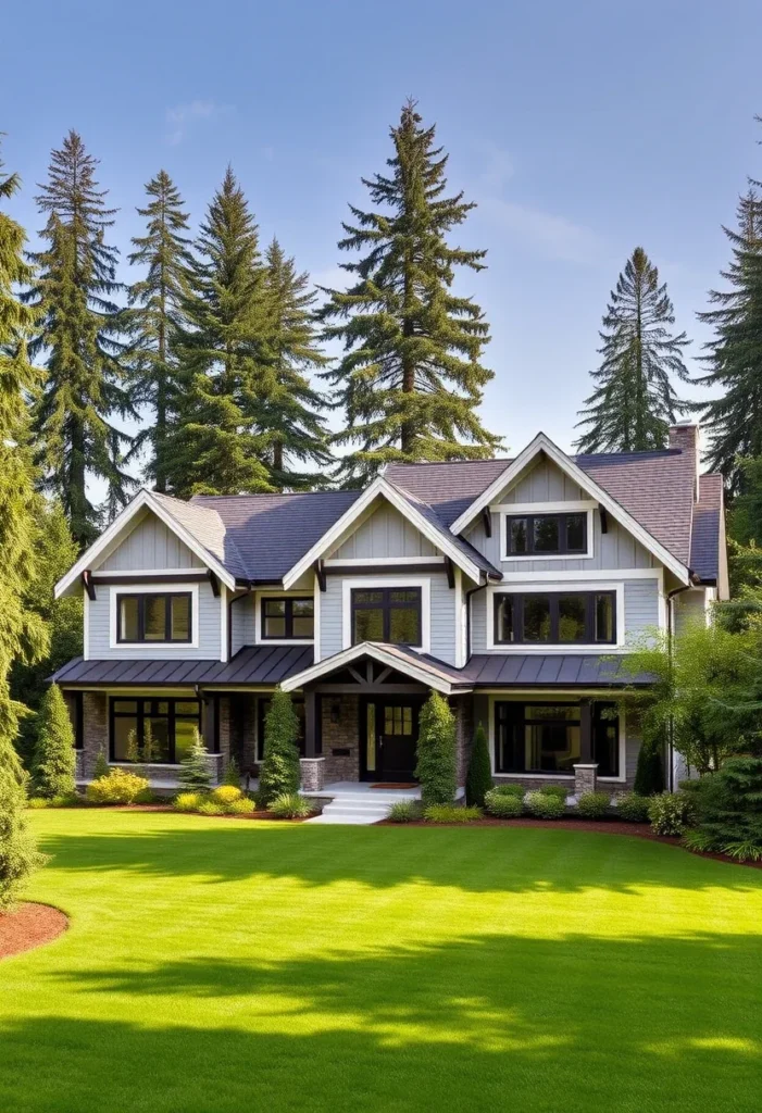 Modern Craftsman house with gray siding