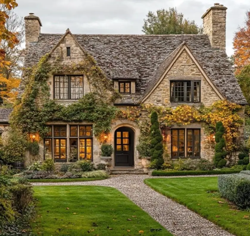 An elegant stone cottage with dark-trimmed windows and autumn vines, glowing warmly in the evening.