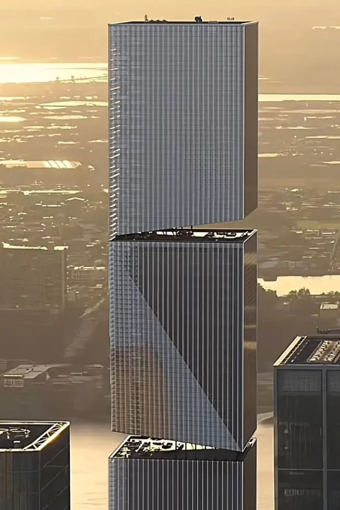 Architectural idea for a modern glass skyscraper designed as three distinct, stacked and offset volumes.