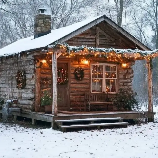 60 Charming Small Log Cabin Ideas to Inspire Your Rustic Retreat 59 A rustic small log cabin in the snow, decorated with festive Christmas lights and wreaths.