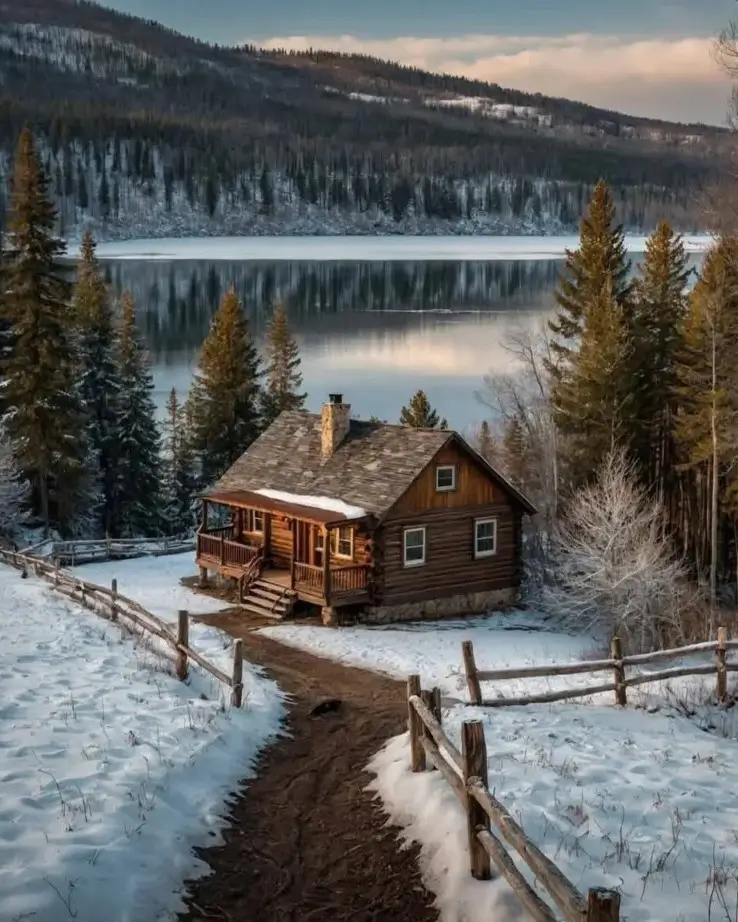 60 Charming Small Log Cabin Ideas to Inspire Your Rustic Retreat 60 A small log cabin in a snowy landscape, with a rustic wooden fence leading towards a frozen lake and mountains.