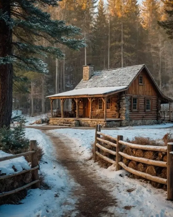 60 Charming Small Log Cabin Ideas to Inspire Your Rustic Retreat 61 A classic small log cabin in the snow, with a rustic wooden fence lining the driveway in the foreground.
