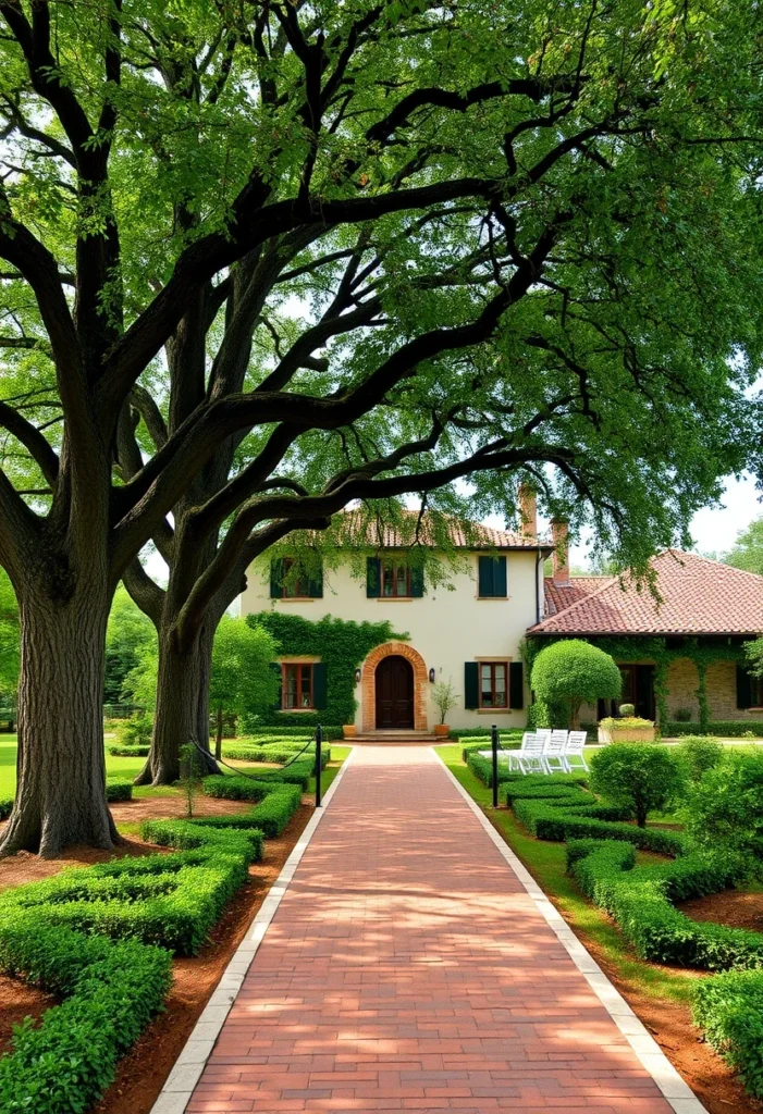 Classic Italian countryside home with traditional Tuscan style, featuring a grand tree-lined brick pathway.