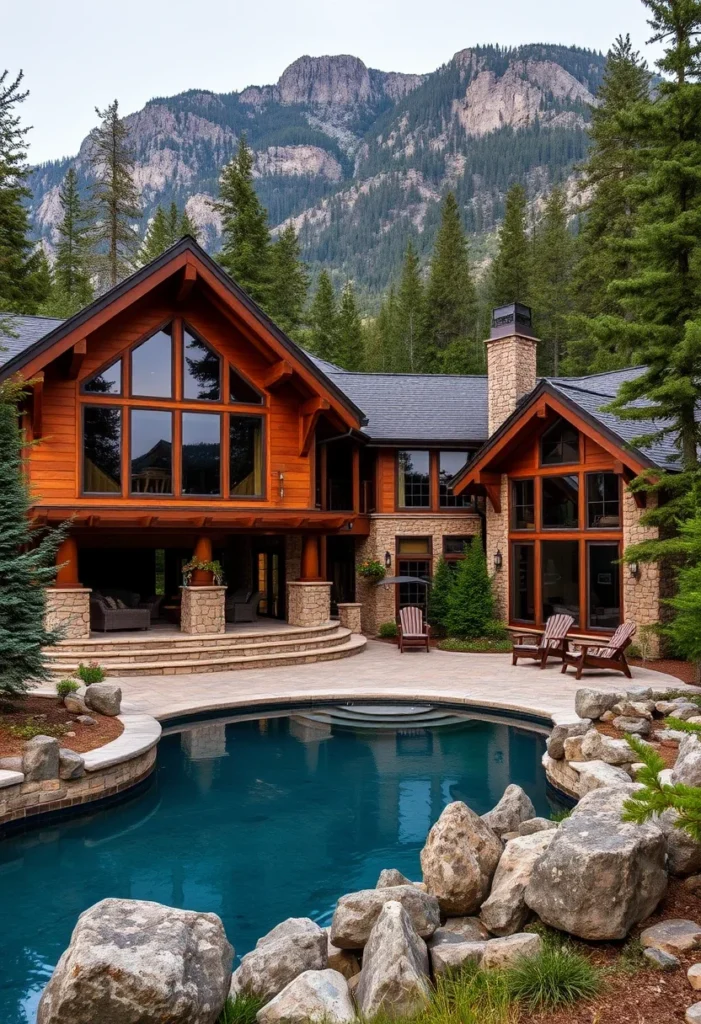 Rear exterior view of a luxury mountain home with a large pool, stone patio, and forested backdrop.