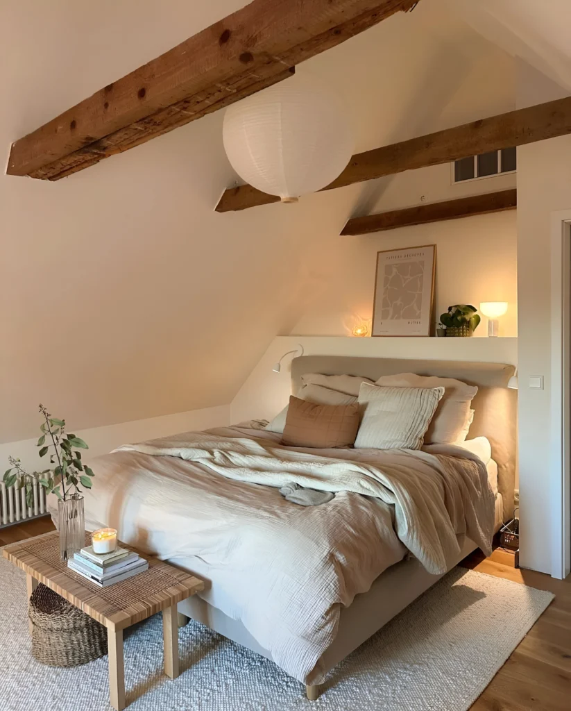 Neutral bedroom with natural wood beams.