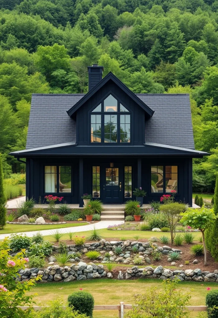 Black house designs surrounded by evergreens and vibrant plants in a mountain setting