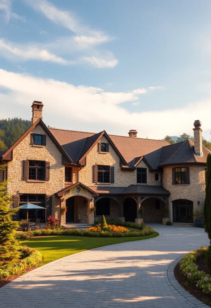 Colorful flower beds and green lawns surrounding the front of a grand stone mansion.