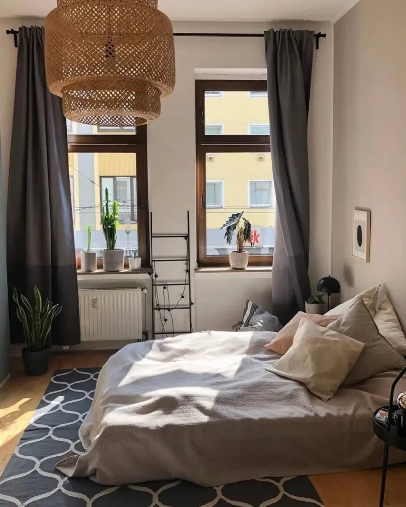 A small cozy bedroom with a large woven pendant light, a grey patterned rug, and sunlight streaming through two windows.