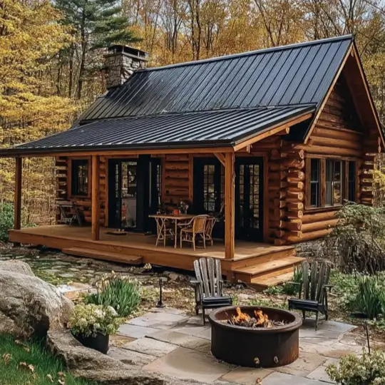 60 Charming Small Log Cabin Ideas to Inspire Your Rustic Retreat 8 A small log cabin with a black metal roof and a wraparound porch, featuring a modern fire pit on a stone patio.