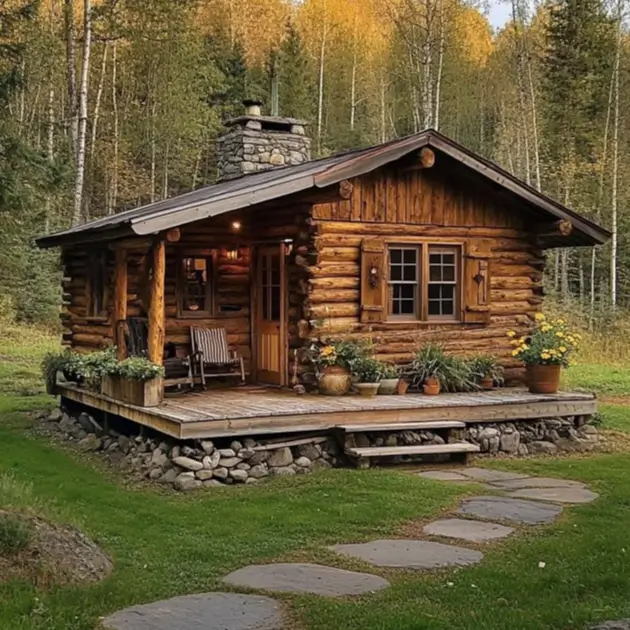 Small Log Cabins: 36 Ideas for Cozy Living & Enduring Charm 9 A small rustic log cabin with a simple platform deck and a stone foundation in a woodland clearing.