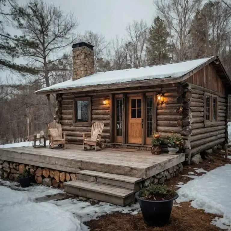60 Charming Small Log Cabin Ideas to Inspire Your Rustic Retreat 62 A rustic, weathered log cabin in the snow with firewood stacked under the front deck.