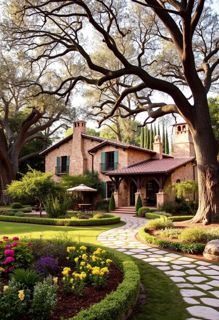 Charming Italian countryside home with traditional Tuscan style, featuring a vibrant garden oasis and winding stone path.