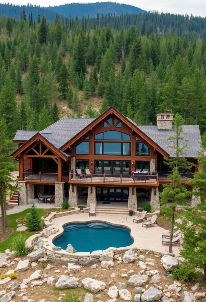 Aerial view of a luxury mountain home with a pool and forested surroundings.