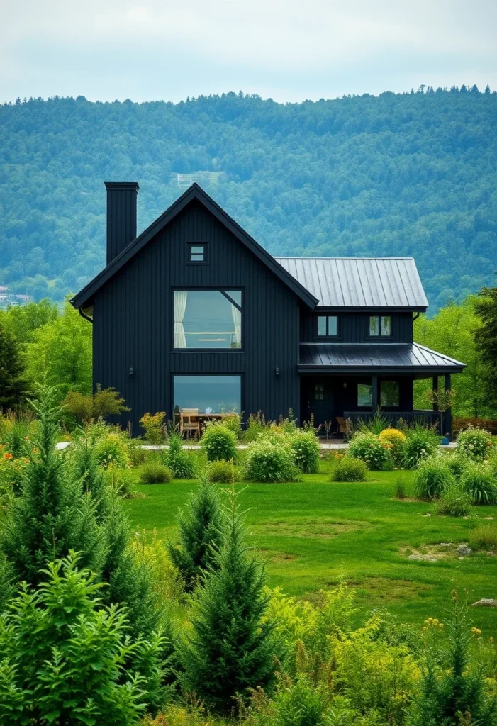 Black house designs with autumn foliage and natural grass surroundings