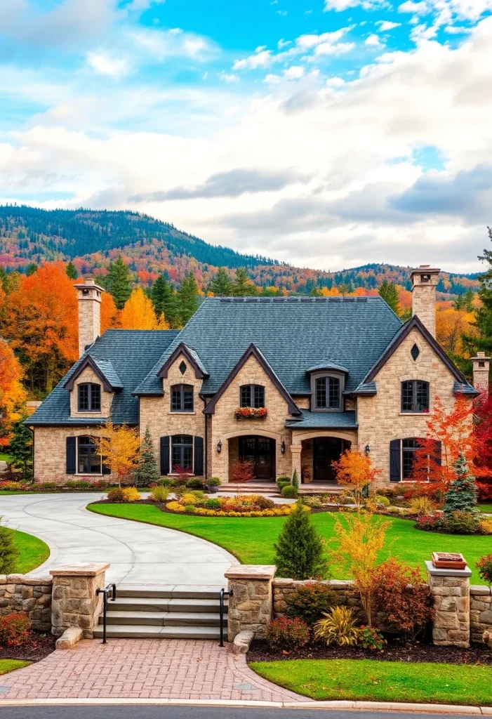 Stone mansion surrounded by colorful autumn foliage and a well-manicured front lawn.