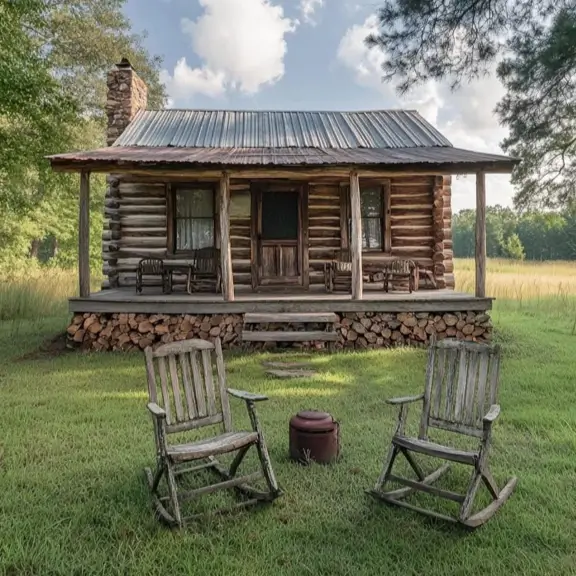 Small Log Cabins: 36 Ideas for Cozy Living & Enduring Charm 10 An old, weathered small rustic log cabin with a tin roof and two rocking chairs in a field.