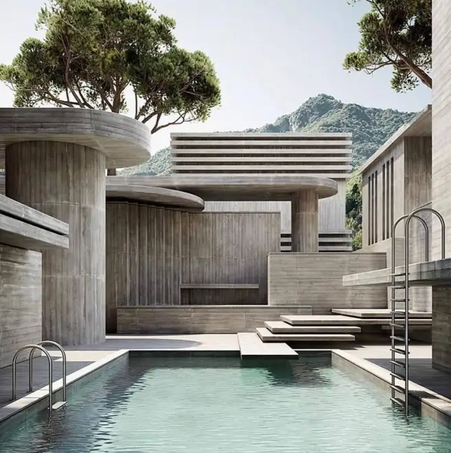 A complex multi-level brutalist house made of layered concrete, featuring a tranquil swimming pool and powerful sculptural columns.