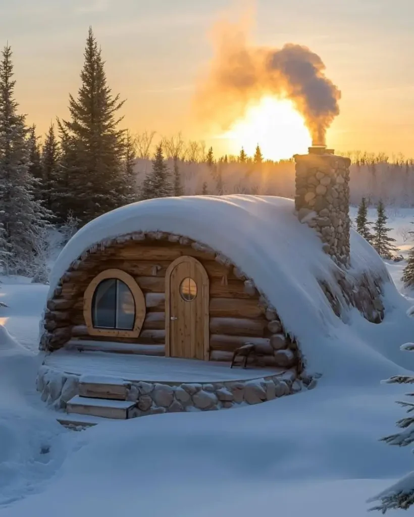 60 Charming Small Log Cabin Ideas to Inspire Your Rustic Retreat 9 A whimsical, snow-covered small log cabin with a rounded roof and a smoking stone chimney at sunrise.