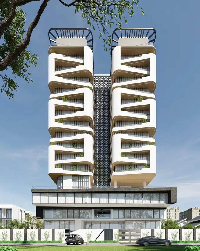 Symmetrical architectural concept for a residential building with futuristic, modular pod balconies.