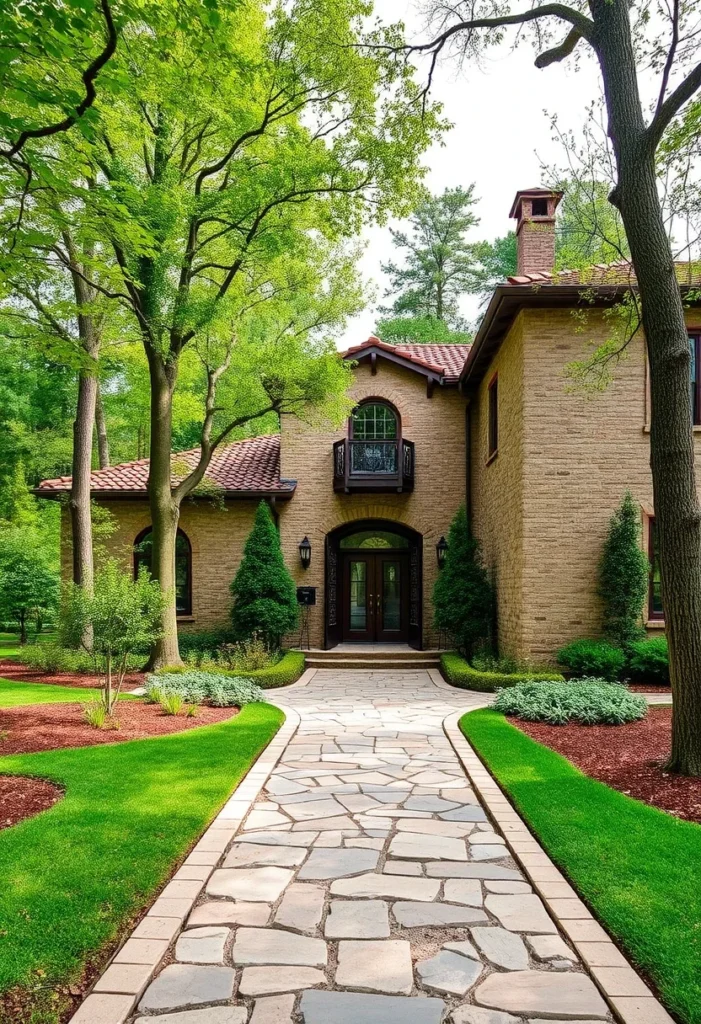 Stately Italian countryside home with traditional Tuscan style, featuring a natural stone pathway and elegant entrance.