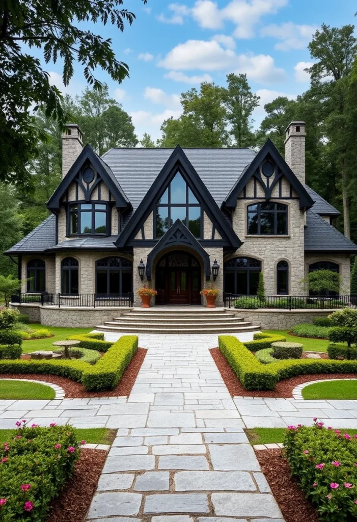 A grand lakeside estate with a stone facade, steeply pitched roofs, and manicured lawns bordering a lake.