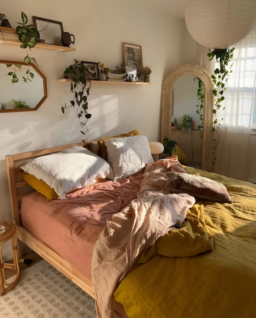 Bedroom with mixed textures and natural light.