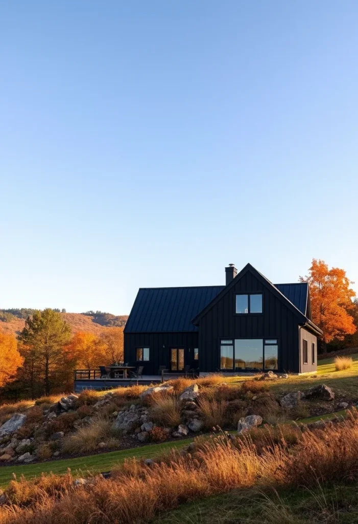 Black house designs with a winding gravel driveway and vibrant autumn landscaping