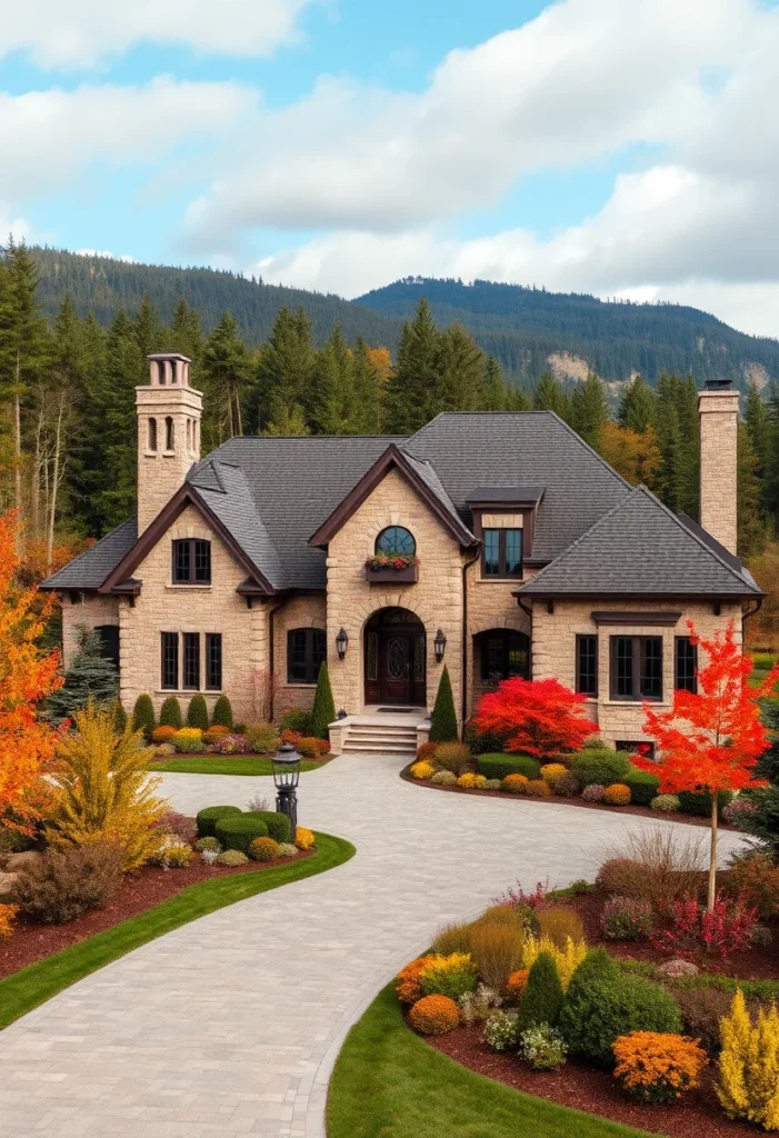 Stone mansion surrounded by colorful autumn plants, creating a warm and inviting atmosphere.