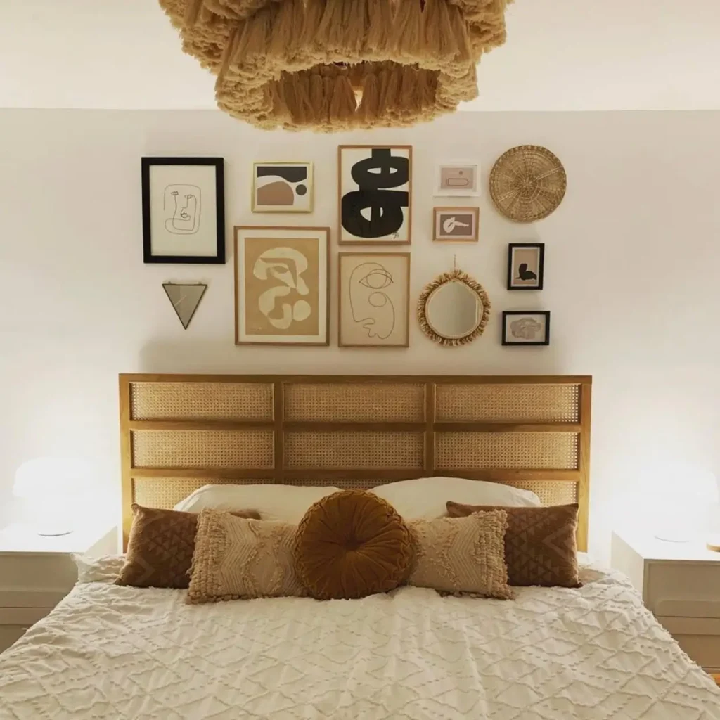 An eclectic gallery wall with various art prints and a woven plate hanging above a natural cane headboard in a boho bedroom.