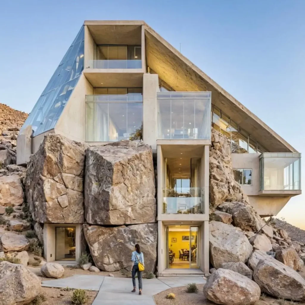 A contemporary concrete home built directly into a rocky hillside, with massive boulders forming part of the structure.