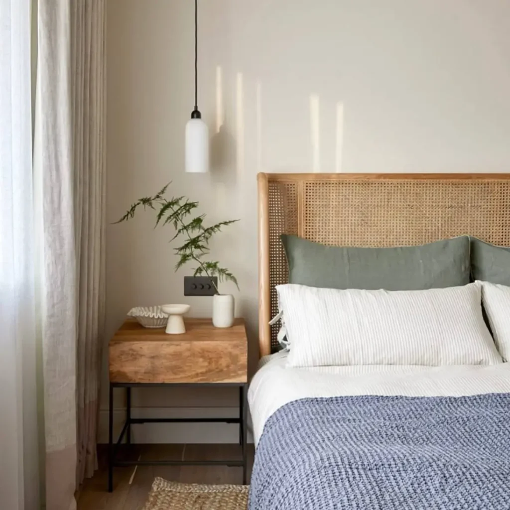 A bed with a natural cane headboard, layered with a blue knit blanket and sage green linen pillows.