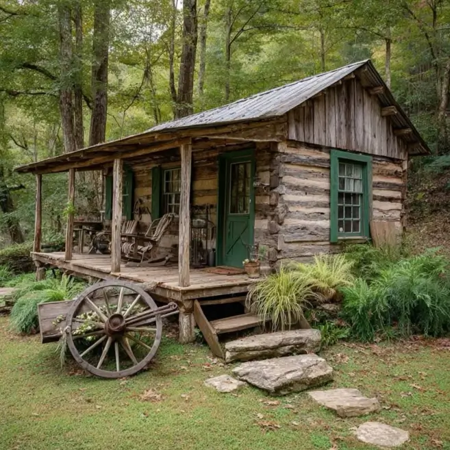 Small Log Cabins: 36 Ideas for Cozy Living & Enduring Charm 11 An old rustic log cabin with green trim and a large antique wagon wheel leaning against the porch.