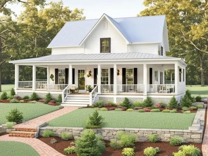 A two-story white country farmhouse with a full wraparound porch, black shutters, a light metal roof, and manicured landscaping with stone retaining walls.