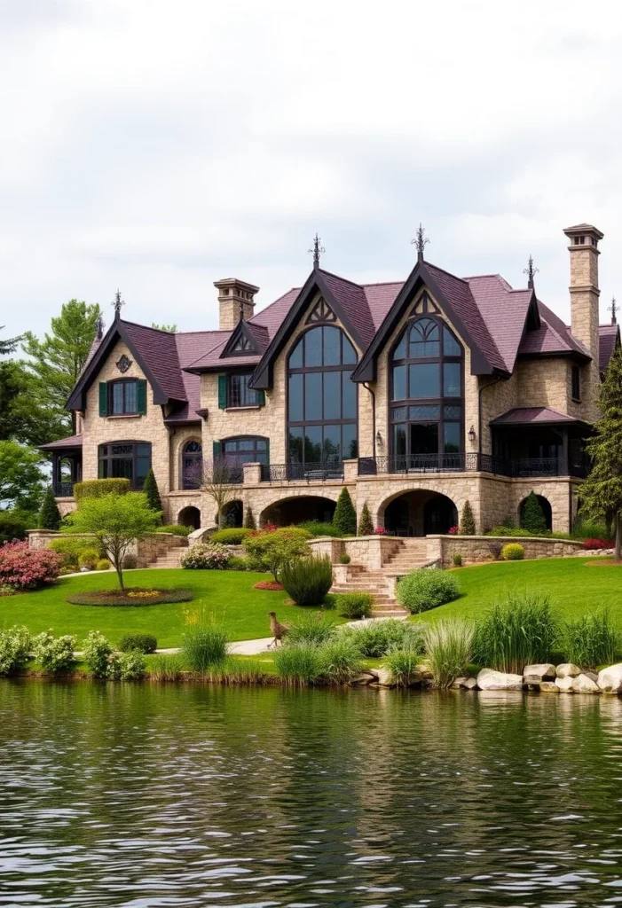  A grand lakeside estate with a stone facade, steeply pitched roofs, and manicured lawns bordering a lake.