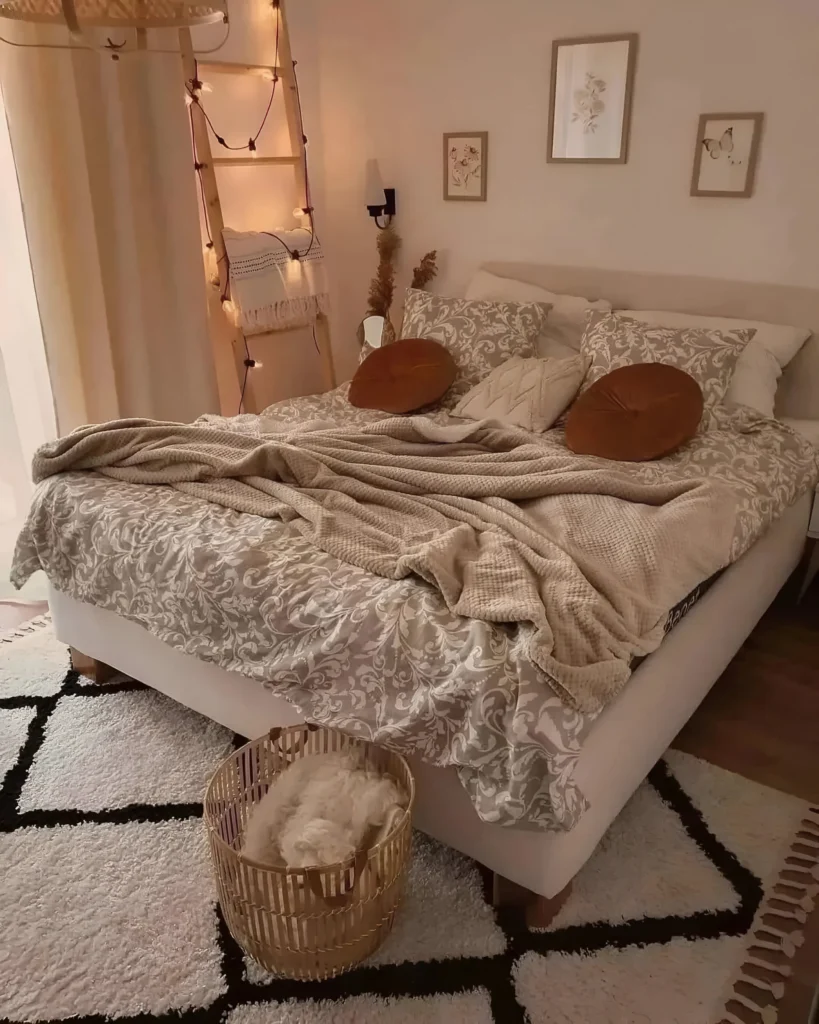 Cozy bedroom with layered bedding.