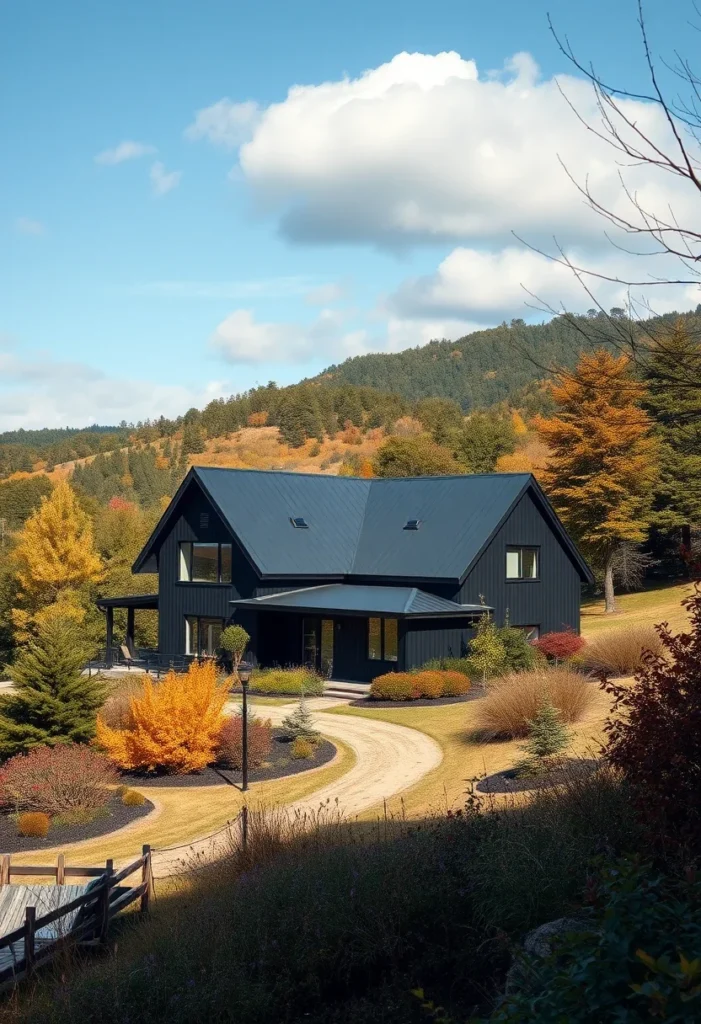 Black house with wild grasses and natural surroundings in the countryside