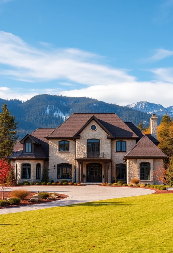 Symmetrical front yard of a stone mansion, with a curved driveway and carefully placed plants, creating a harmonious design.