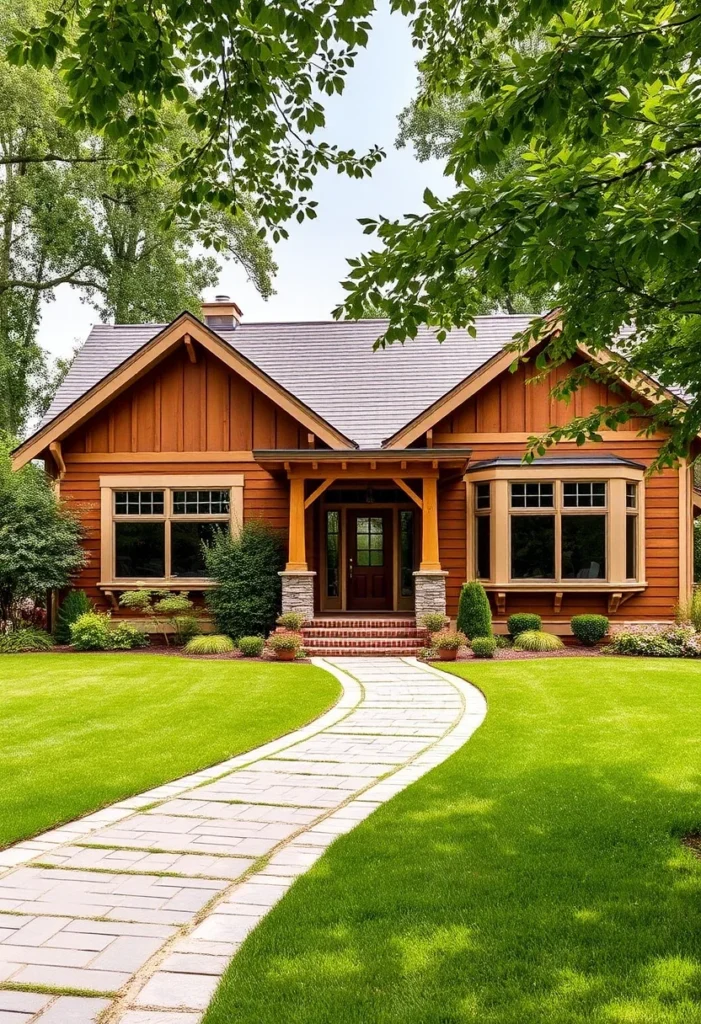 Craftsman bungalow with wood siding, stone foundation